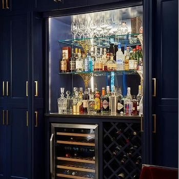 Mini Bar Hidden Behind Pantry Doors - Transitional - Kitchen Hidden Bar Cabinet, Glass Bar Shelves, Built In Bar Cabinet, Bar Cabinet Design, Charming Dining Room, Bar Nook, Bold Living Room, Home Bar Cabinet, Chicago Interior Design