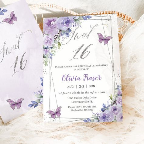 Sweet 16 Sixteen Purple Lilac Floral Butterflies Invitation #zazzle #weddinginvitations #birthdayinvitations #babyshowerinvitations #zazzleinvitations #monogram #businesscards #graduation #homedecor Butterfly Sweet 16, Birthday Calligraphy, Typography Hand Lettering, Elegant Birthday Invitations, Glitter Butterflies, Sweet Sixteen Birthday Party Ideas, Butterfly Invitations, Floral Birthday Invitations, Favors Ideas