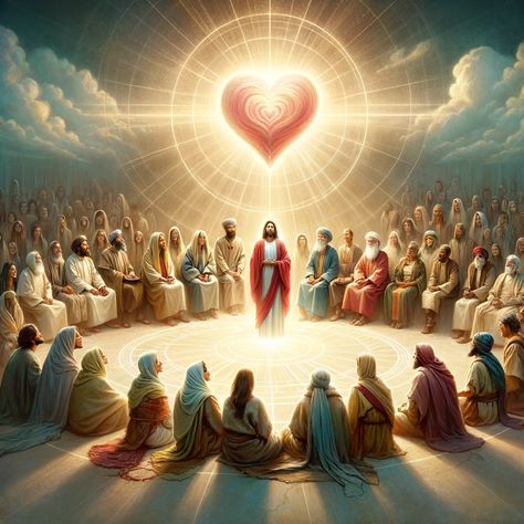 An illustration showcasing the concept of unconditional and sacrificial love as exemplified by Jesus. The image features a diverse group of people from various backgrounds, each with unique features and attire, representing different walks of life. They are gathered around a symbolic representation of love, such as a heart or a gentle light, emanating warmth and compassion. The scene is set in... Jesus And Me Illustration, Jesus And Me, Sacrificial Love, Diverse Group Of People, Jesus Love Images, Jesus Christ Illustration, Relationship Prayer, Christian Illustration, Worship Quotes