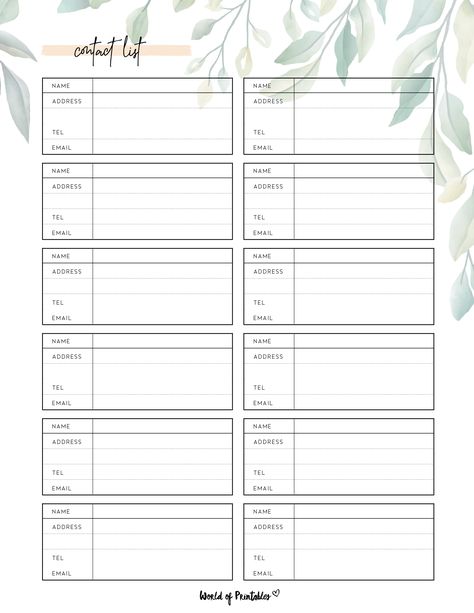 Address Book Template, Emergency Contact List, World Of Printables, Number Templates, Small Business Planner, Contact List, Emergency Contact, Planner Bundle, Custom Templates