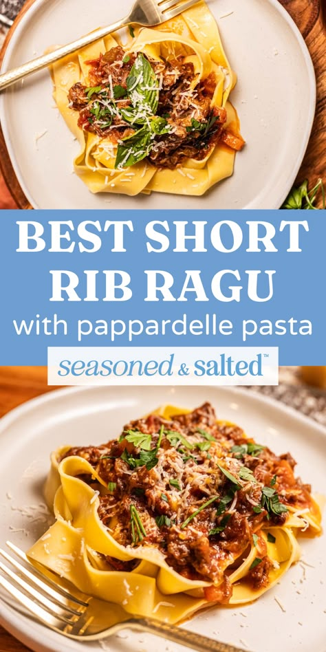 My hearty homemade ragu recipe with short ribs and pasta is the ultimate comfort food. With bold flavors from the slow-coked short rib ragu sauce, your favorite pasta (or polenta), and a topping of fresh parmesan cheese, nothing can beat it! The real star is the browned short ribs that are fall-apart tender. This short rib ragu is delicious as leftovers and is even special enough for Christmas dinner! Bolognese Sauce With Short Ribs, Braised Short Ribs Pappardelle, Dutch Oven Short Rib Ragu, Short Rib Pasta Sauce, Short Rib Bolognese Sauce, Braised Short Rib Pappardelle, Pasta Ragu Recipes, Short Rib Pasta Recipe, Short Rib Pappardelle