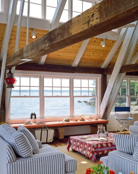 Boathouse – Casco Bay Island, Maine  Whitten... - This Preppy House Nantucket Interior Design, Nantucket Interior, Boathouse Design, Beach Style Living Room, Preppy House, Residential Architect, Humble Abode, Design Concepts, Rustic Interiors