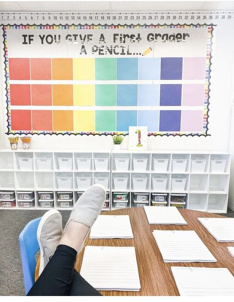 If You Give A First Grader A Pencil Bulletin Board, First Grade White Board Set Up, Small Classroom Bulletin Boards, 2nd Grade Special Education Classroom, Classroom White Board Ideas, Classroom Hacks Elementary, First Grade Classroom Set Up Themes, First Grade Classroom Ideas, First Year Teacher Must Haves Elementary