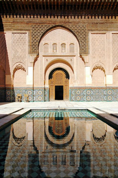 Medersa courtyard Ben Youssef Madrasa, Palace Exterior, Moroccan Palace, Interior Design Aesthetic, African Interior Design, African Interior, Marrakech Morocco, Morocco Travel, Moroccan Design