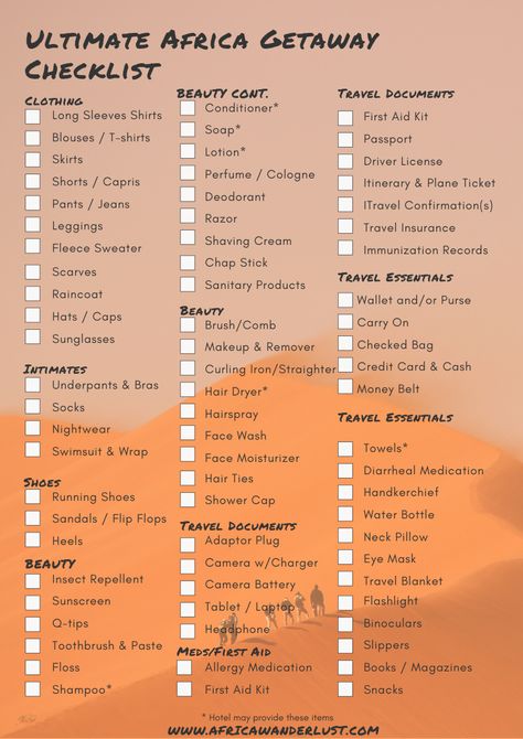 Need help packing for your next vacation to Africa? We've got you covered. This Safari packing list has everything you need for a relaxing getaway. Use this free travel packing list to make sure you don't forget anything for your next trip! #packinglist #zimbabwe #packingguide #packinghacks #zimbabwe #africatravel #africatraveloutfit Packing For Africa, Africa Packing List What To Wear, What To Pack For Safari, Safari Packing List South Africa, Kenya Holiday, Planning A Trip To South Africa, Travelling To South Africa, South Africa Packing List, Travel Packing Lists