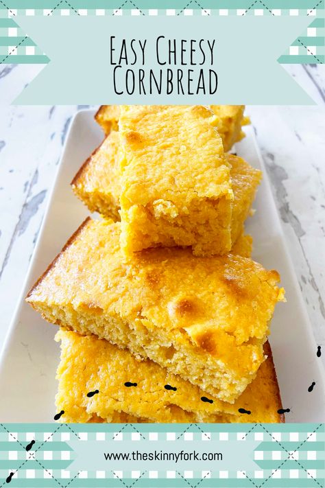 This Easy Cheesy Cornbread is a 3, 2, 1 recipe that takes no time at all to throw together and it's SO delicious. Perfect as a side to chili or to enjoy all on its own! TheSkinnyFork.com | Skinny & Healthy Recipes Cheez Whiz Cornbread, Cheesy Cornbread Jiffy, Classic Cornbread, Jiffy Cornbread Recipes, Cheesy Cornbread, Cheez Whiz, Cheese Whiz, Jiffy Cornbread, Cornbread Recipe