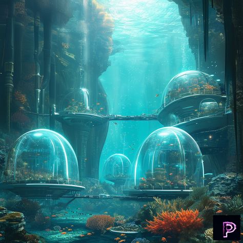 Dive into a futuristic underwater habitat with transparent domes and bioluminescent sea life. Craft this aquatic scene with Text to Image! 🌊🔮   What can you create today?   #AI #Art #PicassoAIArt #TextToImage #UnderwaterFuture #TechMarine Mythical Cities, Underwater Habitat, Aquatic Habitat, Base Building, Vr Games, Building Systems, Underwater World, Glass Domes, Fantasy World