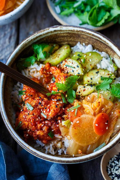 Korean Tofu Rice Bowls | Feasting At Home Korean Recipes Vegetarian, Gluten Free Korean Food, Tofu And Kimchi, Kimchi Easy, Kimchi Vegan, Tofu Rice Bowl, Tofu Kimchi, Gochujang Tofu, Korean Tofu