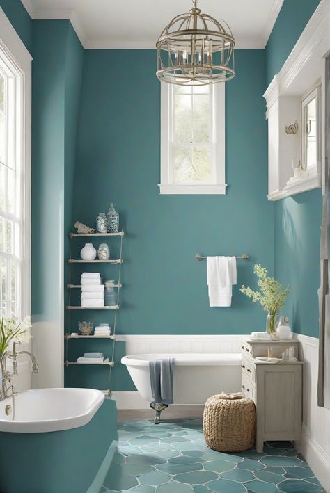 home decor interior design, interior bedroom design, designer wall paint, home paint colors Light Teal Bathroom, Colour Drenching, Color Drenching, Bathroom 2024, Room Colours, Teal Bathroom, Sage Green Kitchen, Painted Bathroom, Deep Sea Diving