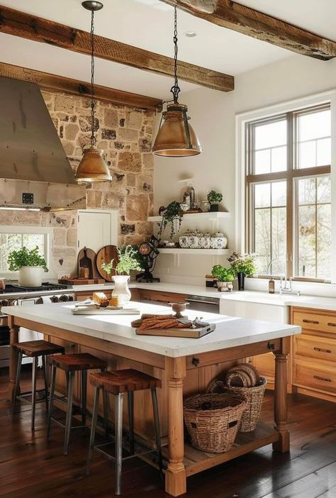 Irish Farmhouse Kitchen, Range In Island Kitchen, Island Bar Design, Wooden Island Kitchen, Cottage Kitchen Island, Country Kitchen Ideas Farmhouse Style, Rustic Kitchen Island Ideas, Fishing Cottage, Tulum House