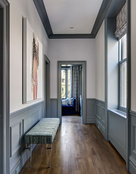 Slate Blue Millwork and Trim + painted trim + wainscoting in the hallway + gray blue trim | CWB Architects Blue Hallway Ideas, Lambriseringen Gang, Blue Hallway, Hallway Colours, Ikea Hallway, Colour Hallway, Hallway Inspiration, Dado Rail, Hallway Designs