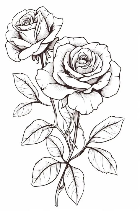 Rose Drawings, Rose Tattoo Stencil, Rose Coloring, Rose Drawing Tattoo, Rose Coloring Pages, Tattoo Outline Drawing, Rosen Tattoo, Adult Coloring Designs, Floral Tattoo Design