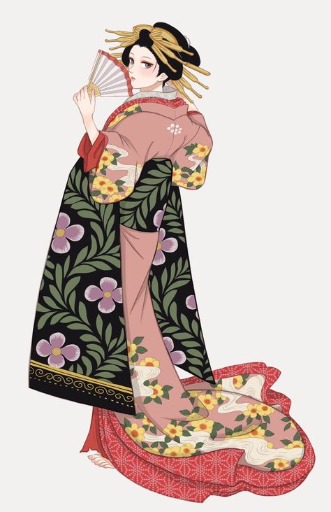 Oiran Kimono Anime, Kimono Illustration, Kimono Drawing, Edo Art, Geisha Drawing, Geisha Anime, Geisha Illustration, Pretty Kimonos, The Kimono Gallery