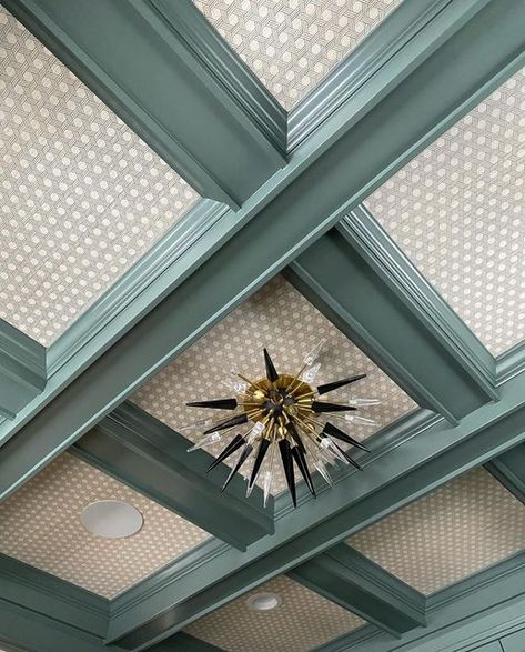 Painted Cove Ceiling, Wallpaper On Foyer Ceiling, Wallpaper Ceiling Basement, Grass Cloth On Ceiling, Ceiling Wallpaper Office, Eclectic Ceiling Light, Wallpaper Coffered Ceiling, Coffered Ceiling Wallpaper, Grasscloth On Ceiling