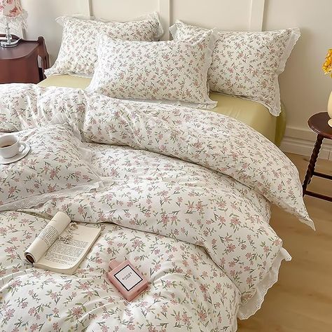 Boho Floral Duvet Cover Queen Ruffle Lace Style Floral Bedding Sets 100% Cotton Pink Flower Duvet Cover Girls Princess Lace Comforter Cover Pink Green Floral Queen Duvet Cover with 2 Pillowcases Floral Pink Bedding, Lace Bedding Set, Bedding Pink, Purple Duvet Cover, Flower Duvet Cover, Floral Bedspread, Floral Comforter Sets, Room Vibes, Floral Bedding Sets