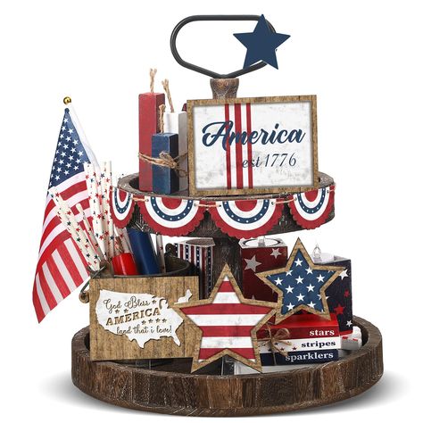 PRICES MAY VARY. Enough and Various: you will get 13 pieces of 4th of July tiered tray decor set in different shapes and styles, including the USA banner sign, red white and blue wooden stars and candles, 4th of July rattan stars, America map etc.; It's a nice decor set for celebrate the nation's birth; Please note that the tray is not included Make Patriotic Atmosphere Thicker: 4th of July decorations for tiered tray are in classic colors, including red, white, and blue, and some wooden colors, 4th Of July Tiered Tray Decor, Patriotic Table Decor, Red White Blue Decorations, Patriotic Tiered Tray Decor, Patriotic Tiered Tray, Independence Day Decoration, Fourth Of July Decor, 4th Of July Celebration, 4th Of July Decorations