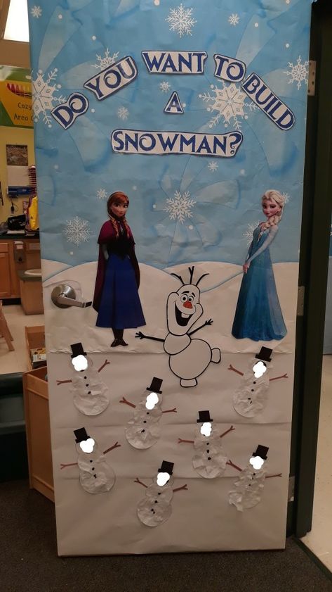 Disney's Frozen inspired classroom door decoration. Do you want to build a snowman, olaf Frozen Christmas Door Decorating Contest, Frozen Door Decorations Christmas, Snow Themed Classroom Door, Disney Door Decorating Contest, Frozen Hallway Decorations School, Olaf Door Decorations For School, Frozen Bulletin Board Ideas, Frozen Door Decorations For School, Olaf Door Decoration