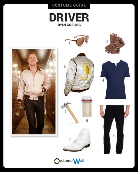 Dress Like Ryan Gosling from the movie, Drive. See additional costumes and cosplays of Ryan Gosling as the driver. Ryan Gosling Halloween Costume, Driver Movie Ryan Gosling, Ryan Gosling Costume, Drive Costume, Drive Outfit, Drive Ryan Gosling, Driver Outfit, Movie Drive, Ryan Gosling Drive