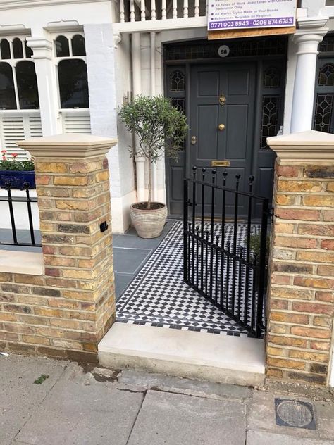 Terraced House Front Garden, Pier Caps, Victorian Front Garden, Terrace House Exterior, Garden Ideas Driveway, Front Path, Small Front Gardens, Victorian Terraced House, Victorian Terrace House