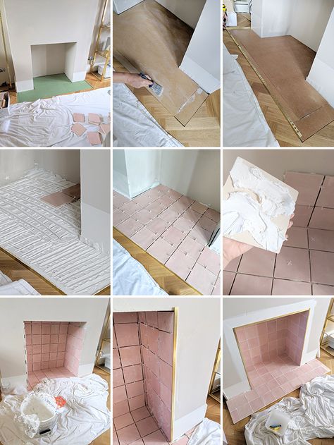 Fireplace Makeover Steps Tile Fireplace Insert, Pink Tiled Fireplace, Fireplace Non Working Ideas, Fireplace Uses Alternative, Pink Fireplace Mantle, Diy Fireplace Tile Makeover, Retiled Fireplace, Nonworking Fireplace Ideas, Pink Brick Fireplace