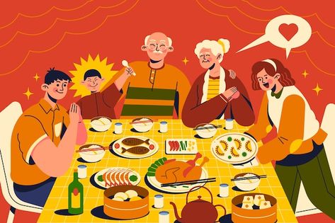 Family Reunion Illustration, Dinner Illustration, Family Drawing Illustration, Pizza Dinner, Flat Art, New Year Illustration, Family Lunch, Family Drawing, Family Eating