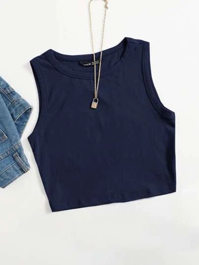 Blue Tank Top Outfit, Solid Crop Tank Top, Tight Tank Top, Top Summer Outfits, Navy Blue Tank Top, Tank Top Outfits, Women Tank Tops, Blue Crop Tops, Causual Outfits