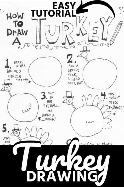 Learn how to draw a turkey in  6 easy steps. Celebrate Thanksgiving with a cartoon turkey drawn by you! #Thanksgiving #howtodraw #cartoon #turkey Easy Turkey Doodle, How To Draw A Simple Turkey, Funny Turkey Drawing, How To Draw Turkey, Turkey Doodle Easy, How To Draw A Turkey Easy, How To Draw A Turkey, Easy Thanksgiving Drawings, Thanksgiving Doodles Easy