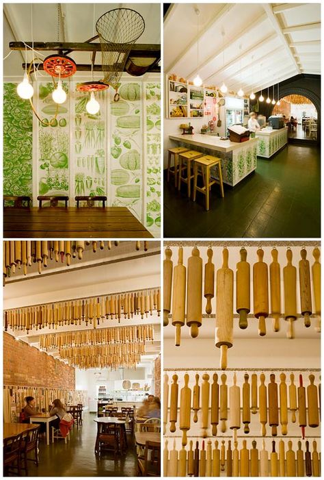 A collection of vintage rolling pins hanging in the Pizza Farro restaurant, in Thornbury. (Interior design by Yvette Romanin Lotito; Photos by Sonia Mangiapane.)  ... Not convinced it would be a good idea to hang these in someone's kitchen. Pizzeria Interior Design, Pizzeria Interior, Vintage Rolling Pins, Pizzeria Design, Google Design, Pasta Shop, Visuell Identitet, Italian Cafe, Pizza Kitchen