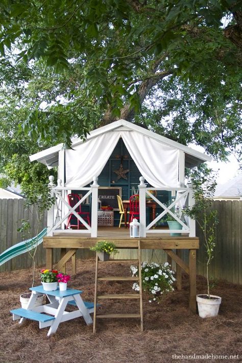 DIY Kids Outdoor Playset Projects • A roundup of 12 of the best projects we could find - with tutorials! • Including this one from the handmade home. Backyard Trees, Tree House Designs, Playhouse Outdoor, Backyard Fun, Shed Plans, Play House, Kid Spaces, Outdoor Play, Outdoor Projects