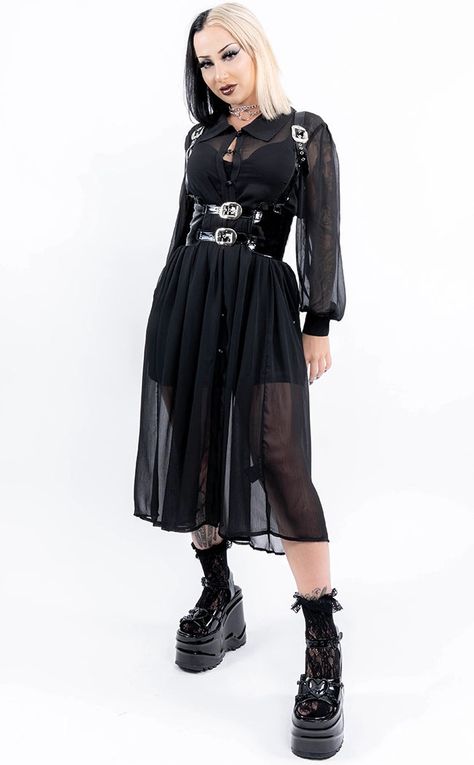 Let me be your sickening desire. This dress will look incredible with some swimmers or sandals for a hot goth summer! Looks rad with our Locked and Loaded Harness (sold separately) Material: Straight tube loose long style. The front double-row webbing hangs down. Hand-sewn skull buckles on the placket and cuff. Clear and soft crepe fabric. 100% polyester. The model is wearing a size S. Goth Wedding Guest Outfit, Goth Wedding Guest, Sheer Shirt Dress, Harness Outfit, Summer Goth, Punk Dress, Goth Look, Goth Wedding, Alternative Style