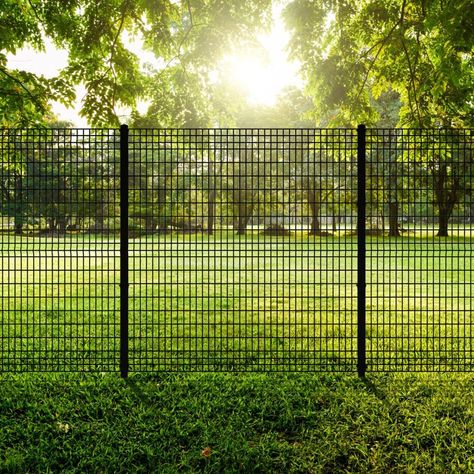 The 6ft x 6ft Euro black fence panel is an attractive alternative to chain link fencing. The classic yet sleek style is both elegant and practical for use as a stand-alone fence. The grid pattern is also ideal for use with climbing plants to create a living fence. Combine individual fence panels with posts and gates (sold separately) to match your design needs. Please refer to Euro fence line for matching posts and accessories needed for installation. Ironcraft Euro 6-ft H x 6-ft W Black Powder- Dog Yard Fence, T Post Fence, Black Chain Link Fence, Steel Fence Posts, Metal Fencing, Metal Fence Panels, Deer Fence, Black Fence, Yard Fence