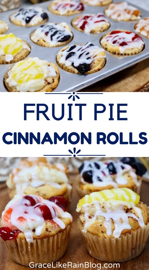 Fruit Pie Cinnamon Roll Cups are a delicious breakfast idea that you make with canned cinnamon rolls and pie filling in your favorite flavor. We're adding sweetened cream cheese in the middle for depth of flavor. It's almost like cheesecake topped with your favorite fruit filling on a fluffy cinnamon roll. This is a family favorite! OMG So good! Desserts With Pillsbury Cinnamon Rolls, Cinnamon Rolls With Cream Cheese Filling, Breakfast With Cinnamon Rolls, Uses For Pie Filling, Cinnamon Roll Muffins Pillsbury, What To Make With Canned Cinnamon Rolls, Cinnamon Rolls And Pie Filling, Things To Make With Canned Cinnamon Rolls, Cinnamon Rolls With Pie Filling