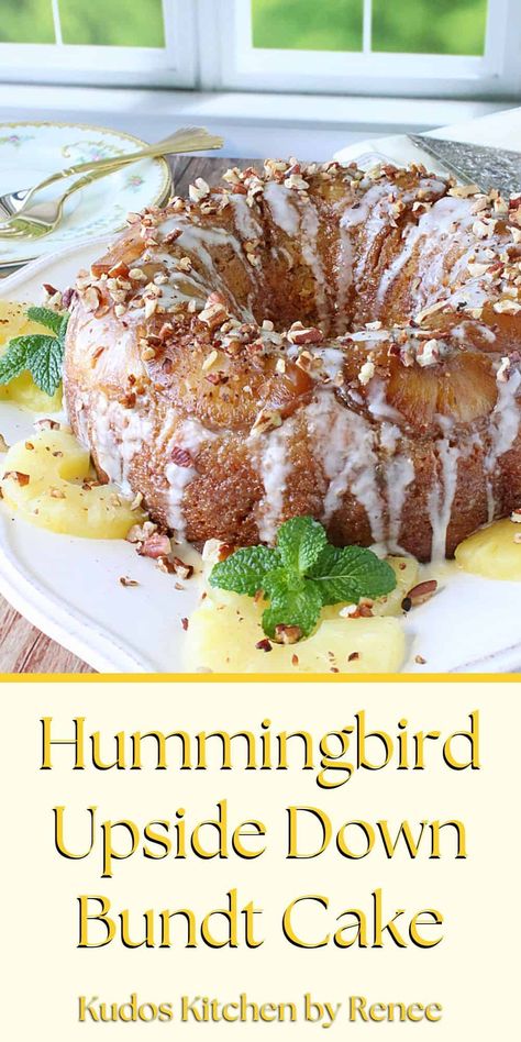 Moist and full of sweet banana and pineapple flavor, this Hummingbird Upside Down Bundt Cake is a delicious, mouth-watering dessert you'll want to serve for any occasion. #bundtcake #hummingbirdcake #upsidedowncake #boxcakemix #bananapineapplecake #pokecake #pokebundtcake Bundt Pineapple Upside Down Cake, Hummingbird Dump Cake, Upside Down Bundt Cake, Best Pineapple Upside Down Bundt Cake Recipe, Hawaiian Roll Bundt Cake 12 Tomatoes, Pineapple Upside Down Bundt Cake, Banana Pudding Bundt Cake, Hawaiian Themed Desserts, Hummingbird Bundt Cake