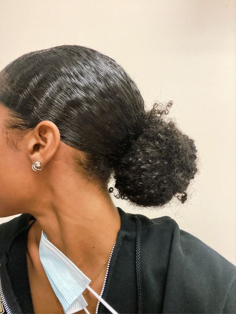 Slick Bun 4c Natural Hair, Slick Back Low Bun Natural Hair, Low Slick Bun Natural Hair, Type 4 Slick Back, Slick Back Type 4 Hair, Natural Hair Updo 4c, Curly Low Bun Hairstyles For Black Women, Slick Back Bun 4c Hair, Messy Bun 4c Natural Hair