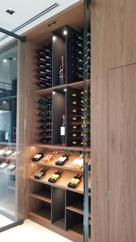 Wine Room Light Fixtures, Modern Wine Room, Cave A Vin Design, Wine Wall Display, Wine Cellar Wall, Wine Storage Wall, Wine Room Design, Glass Wine Cellar, Wine Rooms