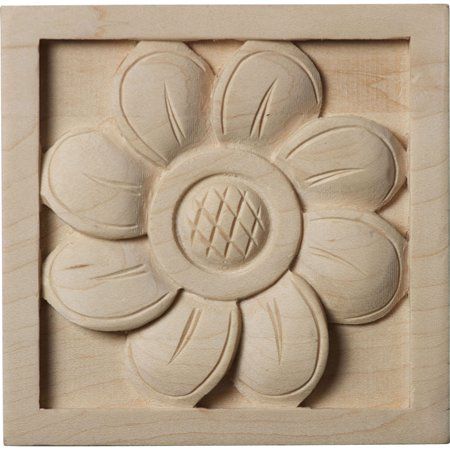 3 1/2 inchW x 3 1/2 inchH x 5/8 inchP Small Sunflower Square Rosette, Lindenwood, Multicolor Wood Rosettes, Carved Rosettes, Small Sunflower, Wood Appliques, 3d Cnc, Architectural Pieces, Historical Design, Alder Wood, Sunflower Design