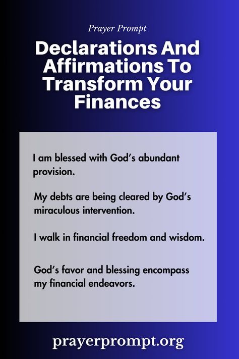 Speak abundance into your life with these declarations and affirmations for financial breakthrough. #Prayer #Affirmations #FinancialBreakthrough - PrayerPrompt.org Prayer Affirmations, Prayer For Prosperity, Financial Breakthrough, Financial Prayers, Money Prayer, Prosperity Affirmations, Gods Favor, Manifesting Wealth, Night Prayer