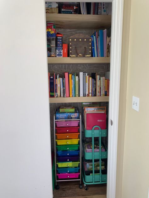 Coat Closet Turned Office, Homeschool Closet, Bookbag Storage, Closet Library, Minimalist Lifestyle Simple Living, Closet Transformation, Coat Closet Organization, Homeschool Supplies, Coat Closet