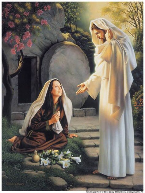 Mary stood weeping outside the tomb; and as she wept, she bent down to look inside. She saw two angels in white, sitting where the body of Jesus had been, one at the head, and the other at the feet. They said, “Woman, why are you weeping?” She answered, “Because they have taken my Lord and I don’t know where they have put him.” As she said this, she turned around and saw Jesus standing there, but she did not recognize him. Jesus said to her, “Woman, why are you weeping? Who are you looking for?” Simon Dewey, Christ Painting, Steam Lessons, Panna Marie, Story Images, Marie Madeleine, Maria Magdalena, Pictures Of Christ, Lds Art