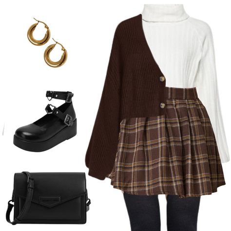 Brown Outfit with Skirt, White Turtleneck, Brown Cardigan, Black Tights, Handbag, Black Shoes, and Gold Earrings. Brown Outfit With Skirt, Brown And Black Outfit Ideas, Brown And White Outfit Ideas, Brown Outfit Aesthetic Winter, How To Style Brown Plaid Skirt, Black And Brown Skirt Outfit, Black And Brown Aesthetic Outfit, Brown Checked Skirt Outfit, Autumn Outfits Brown Skirt