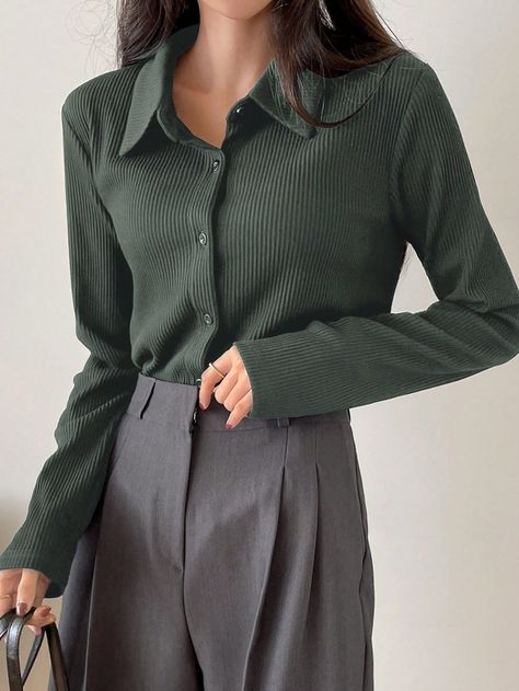 Dark Green Casual Collar Long Sleeve Fabric Plain  Embellished High Stretch Spring/Fall Women Clothing Navy Blue Shirt Outfit, Navy Outfit, Kawaii Fashion Outfits, Classy Work Outfits, Easy Trendy Outfits, 가을 패션, Casual Style Outfits, Outfit Inspirationen, Classy Outfits