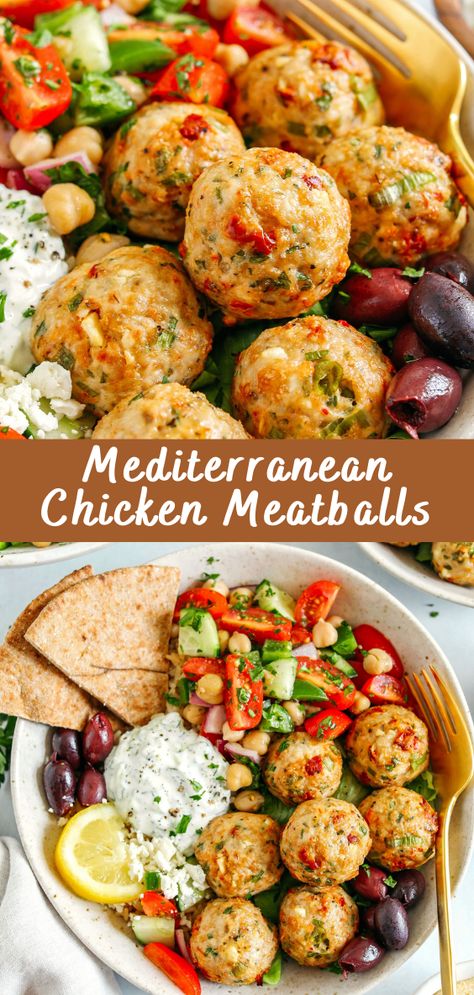 Mediterranean Chicken Meatballs Recipe | Cheff Recipes One Pot Chicken Meatballs With Greens, Herby Mediterranean Meatballs, Healthy Recipes For Cholesterol, Low Cholesterol Recipes Dinner Ground Turkey, Ground Chicken Mediterranean Meatballs, Medditeranean Keto Recipes, Appetizer Recipes Protein, Mediterranean Chicken Meatball Recipes, Mediterranean Diet Meatballs