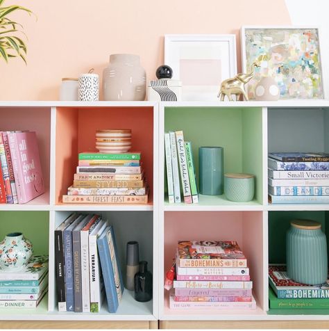 Colorful Bookcase Paint, Colorful Bookcase, Pink Bookshelves, Colorful Bookshelf, Monkey Room, Colorful Shelf, Colorful Room Decor, Kids Shelves, Kids Rooms Inspo