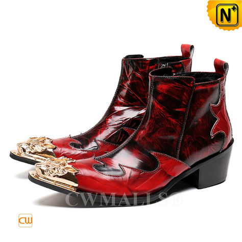 CWMALLS leather boots made of genuine calfskin leather upper and leather lining.  The red leather boots featuring with zipper up at side, contrasting vamp design, pull tab at back, Rubber stacked Cuban heels,and pointed toe silhouette with metal hardware decorative,  brings a modern touch to a stylish classic.  Item No.: CW707216 Size: (US/EURO) 6/38, 6.5/39, 7/40, 8/41, 9/42, 10/43, 11/44, 12/45, 13 /46. Cuban Heel Boots, Red Leather Boots, Mens Dress Boots, Man Crafts, Cuban Heels, Mens Leather Boots, Boots For Men, Mens Leather, Heel Boots