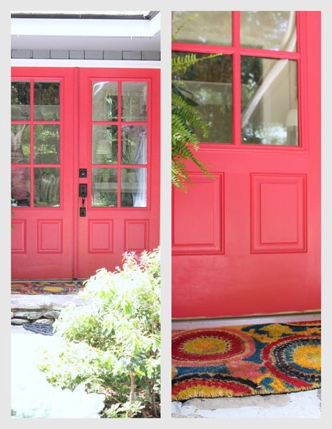 We were so excited to get our new doors  put in last year.  They completely updated the house and let in tons more light.  It was just in a ... Bright Pink Front Door, Hot Pink Front Door, Color For House Exterior, Color For House, Hot Pink Door, Coral Front Doors, Bright Front Doors, Berry Blush, Pink Front Door