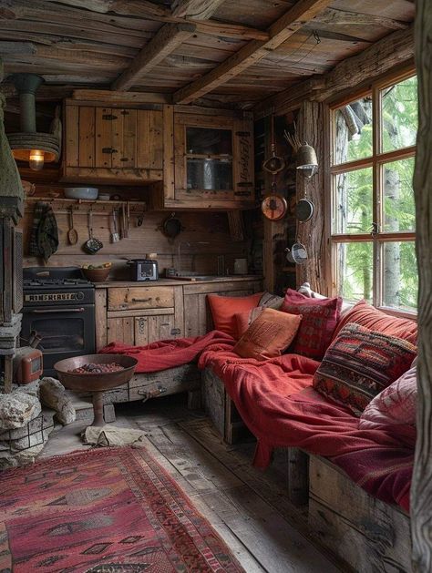 Rustic Cabin Kitchen Decor, Cob House Interior, Rustic Cabin Kitchen, Cabin Kitchen Decor, Earthy Home Decor, Log Cabin Rustic, Fantasy Furniture, Cabin Kitchen, Cottage Aesthetic