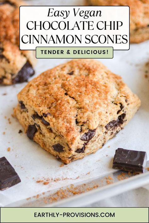 These Vegan Chocolate Chip Cinnamon Scones are an easy and delicious vegan brunch recipe! These scones are full of cinnamon and chocolate and are topped with a sprinkle of crunchy cinnamon sugar. They are dairy free, eggless and completely vegan! Quick Desserts Vegan, Vegan Breakfast Baked Goods, Vegan Breakfast Pastry Recipes, Vegan Breakfast Quick, Easy Vegan Baking Recipes, Vegan Scones Recipe Easy, Vegan Scones Recipe, Dairy Free Scones, Vegan Baked Goods