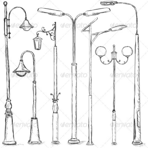 Street Lighting Design, Furniture Sketch, Architecture Drawing Sketchbooks, Street Lighting, Object Drawing, Architecture Drawing Art, Street Lights, 수채화 그림, Old Street