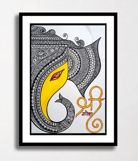 Ganpati In Mandala Art, Framed Mandala Wall Art, Ganesh Zentangle Art, Framed Mandala Art, Mandala Art Frame Design, Easy Ganesha Drawing Mandala, Mandala Art Frames On Wall, Ganesha Mandala Art Easy, Ganesh Mandala Art Easy