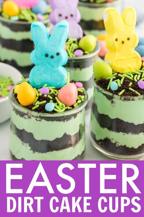 These adorable Easter Dirt Cake Cups are the perfect spring time treat. A festive bunny Peep tops layers of pudding, whipped cream, and crushed Oreos that no one will be able to resist! #Easter #dirtcake #dessert #peeps belleofthekitchen.com Best Easter Desserts, Dirt Cake Cups, Peeps Dessert, Pudding Whipped Cream, Easter Dirt Cake, Dirt Dessert, Oreo Dirt Cake, Peeps Recipes, Dirt Cake Recipes